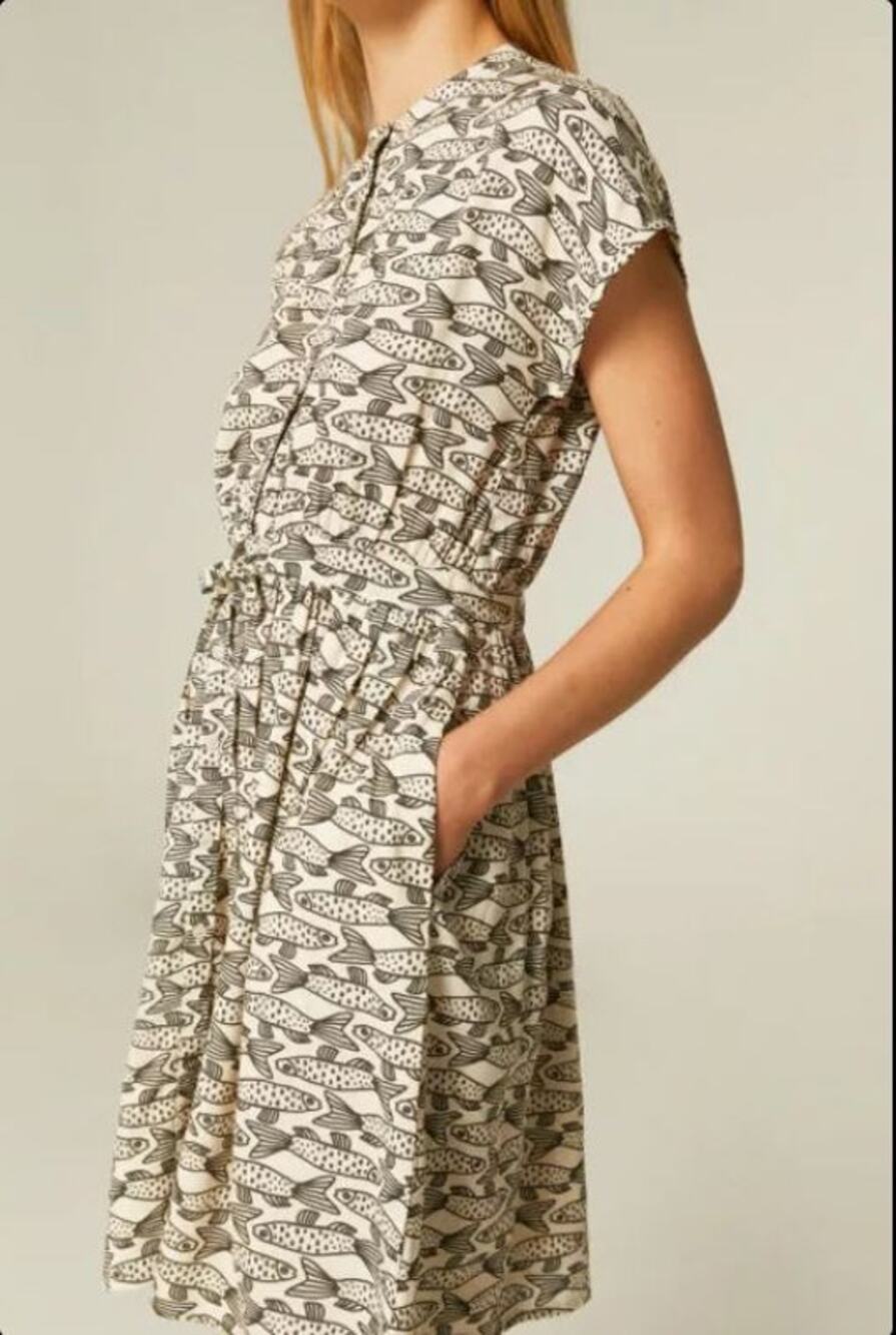 Compania Fantastica Mandarin Collar Fish Print Shirt Dress XL